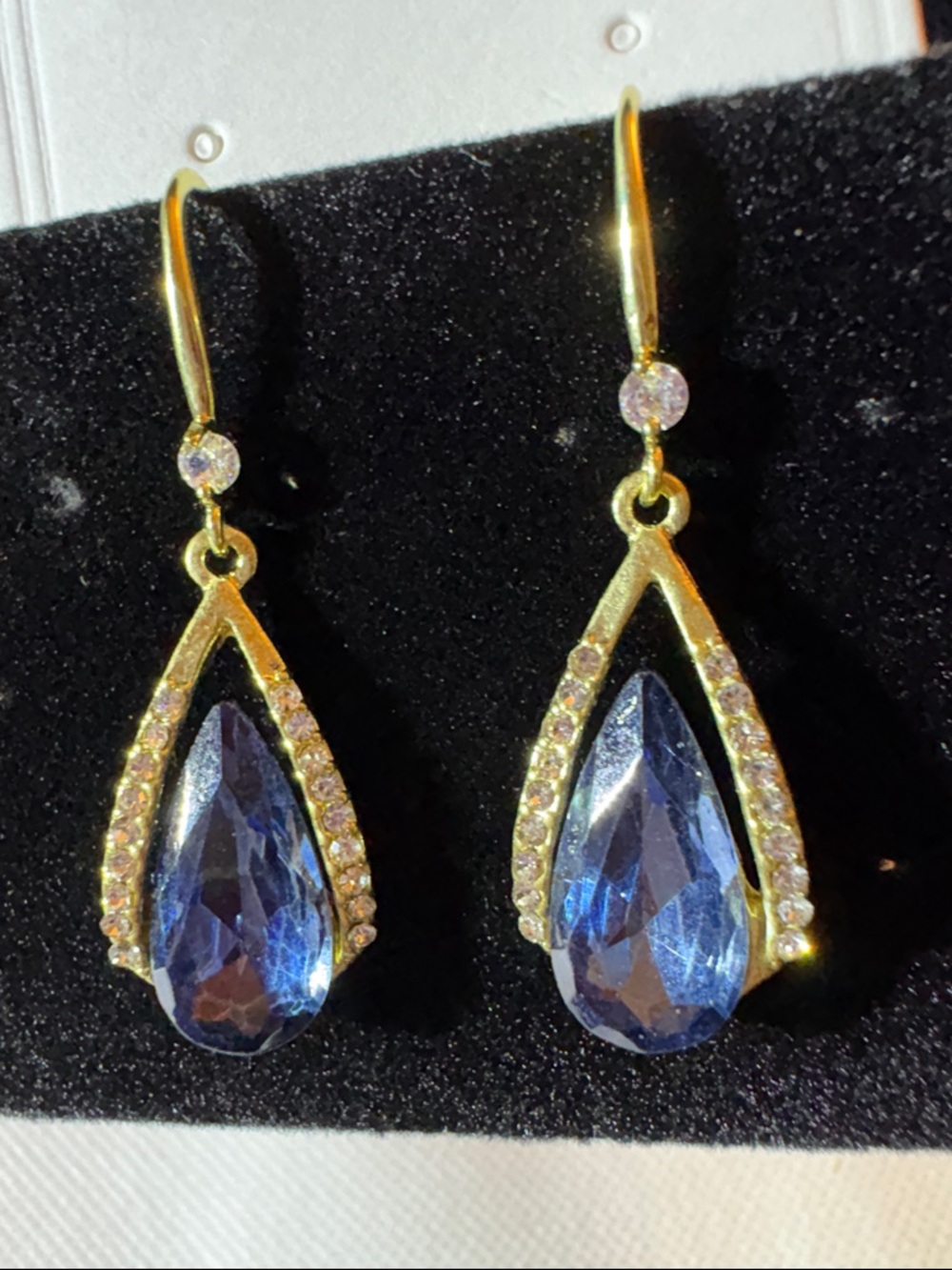 Gold-tone Teardrop Blue Crystal Dangle Earrings